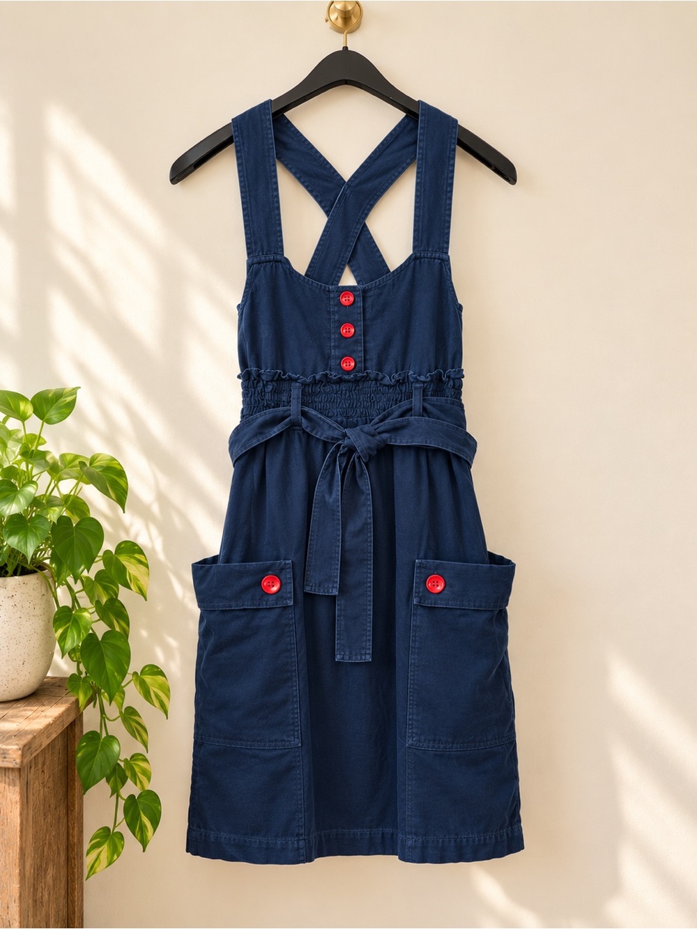 Sonia by Sonia Rykiel NWOT Navy Cotton Pinafore Jumper Dress Red Buttons FR 36